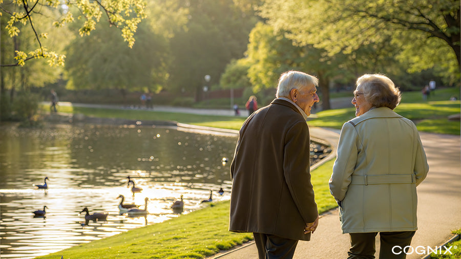 Elderly couple walking in the park