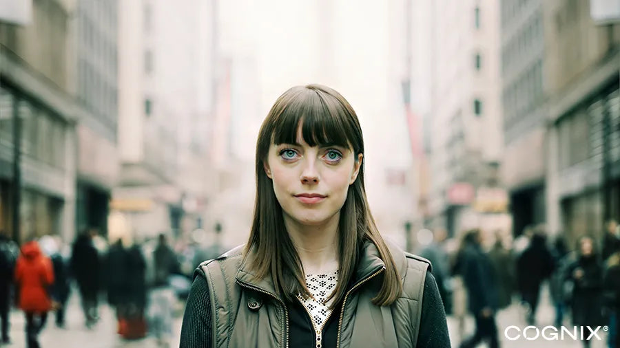 Photo of 30year old female in busy city street looking straight into the camera.