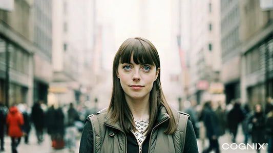 Photo of 30year old female in busy city street looking straight into the camera.